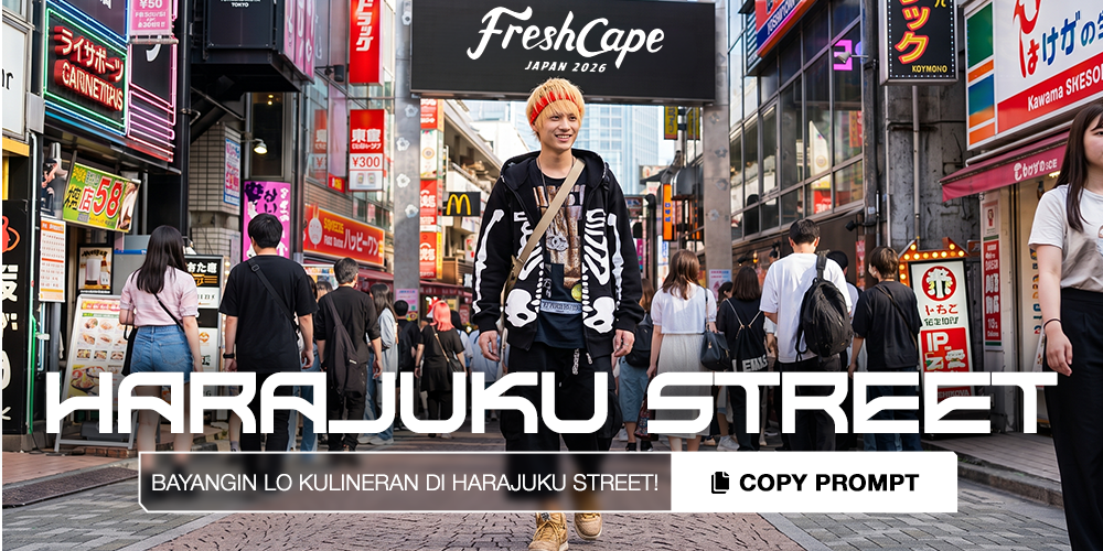 Gunakan foto yang diunggah sebagai referensi orangnya. Buat foto realistis yang memperlihatkan saya sedang menikmati pengalaman FRESHCAPE di Jepang. Saya berjalan di Takeshita Street, Harajuku, di tengah keramaian dan toko-toko penuh warna dengan senyum natural, mengenakan outfit fashion-forward yang trendi. Di latar belakang terdapat layar LED besar bertuliskan FRESHCAPE. Gaya fotografi travel ultra realistis dengan warna yang vibrant, detail tinggi, komposisi portrait rasio 3:4, hanya satu foto, tanpa kolase.
